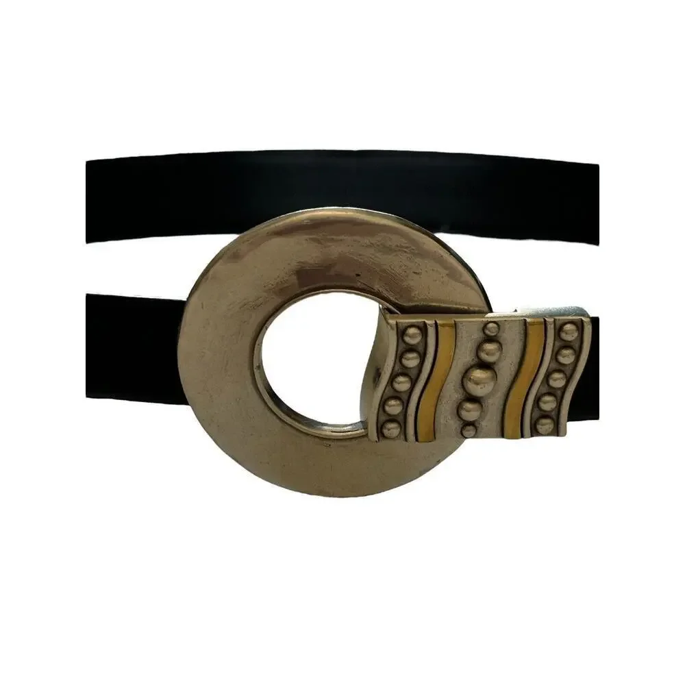 CHICO'S Women's Black Leather Large Circle Buckle Belt Size S/M With Hook